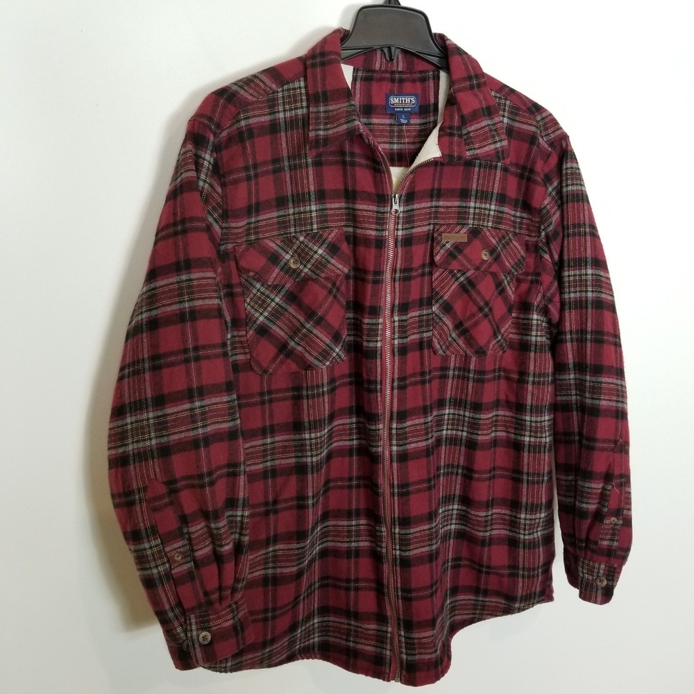 Smith's Workwear Zip-Front Sherpa-Lined‎ Flannel Shirt Jacket Sz L Red Plaid - Picture 5 of 12